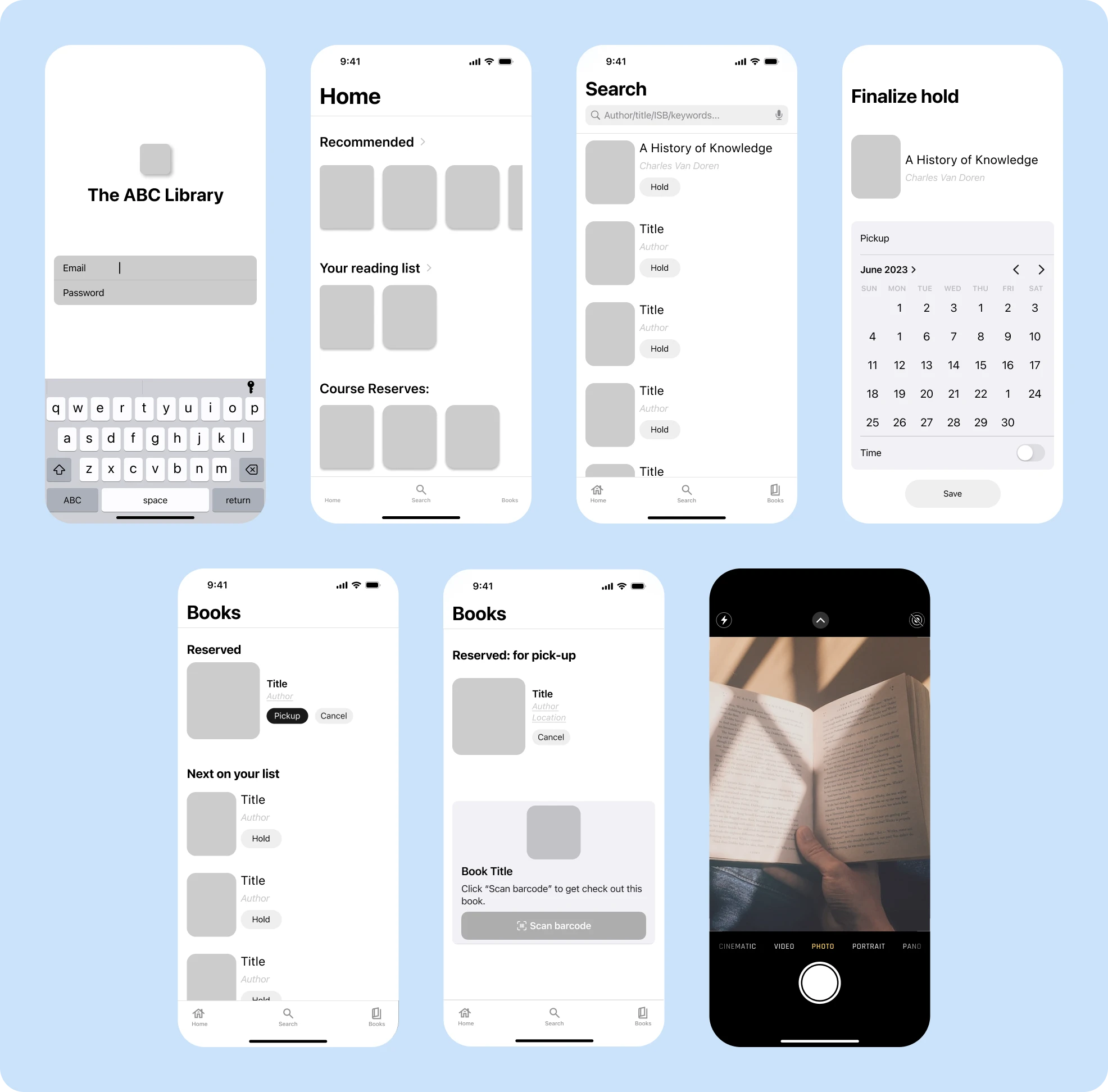 Low-fidelity wireframes showing initial app screens